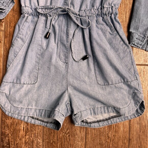 Vtg Denim Long Sleeve Romper Womens XS Button Drawstring Shorts Cowgirl Western - Picture 6 of 8